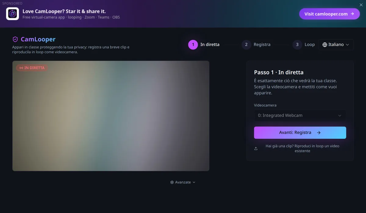 CamLooper che mostra l'anteprima della videocamera in diretta con il badge IN DIRETTA e un pulsante Avanti: Registra nel pannello laterale.