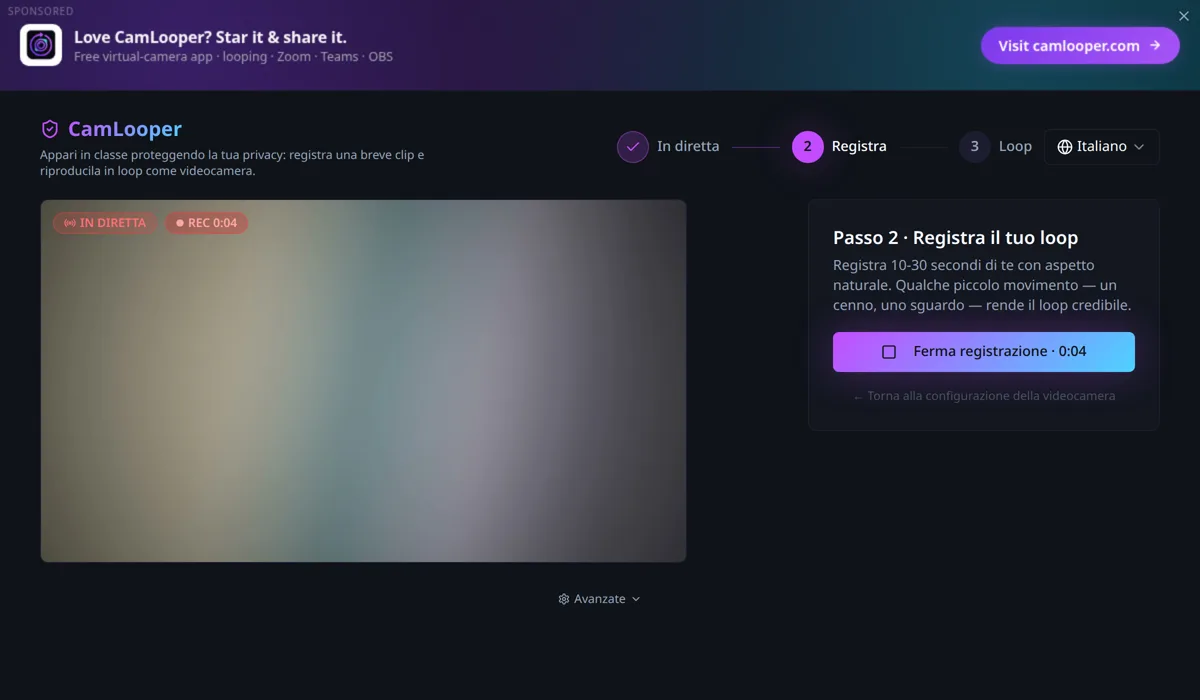 CamLooper al passo 2, Registra il tuo loop, con un pulsante rosso Avvia registrazione.