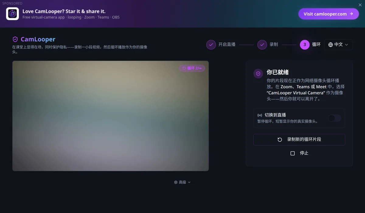 CamLooper 的第 3 步「循环」：「你已就绪」面板、「切换到直播」开关，以及预览上方的「循环 2/∞」标记。